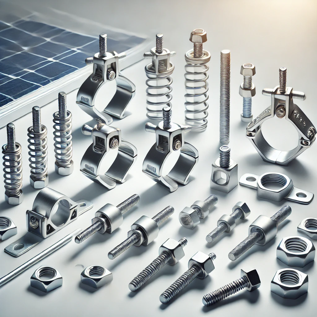 High-quality solar panel accessories including clamps, bolts, and spring nuts showcased by Esquire Energy for secure and efficient solar panel installation.