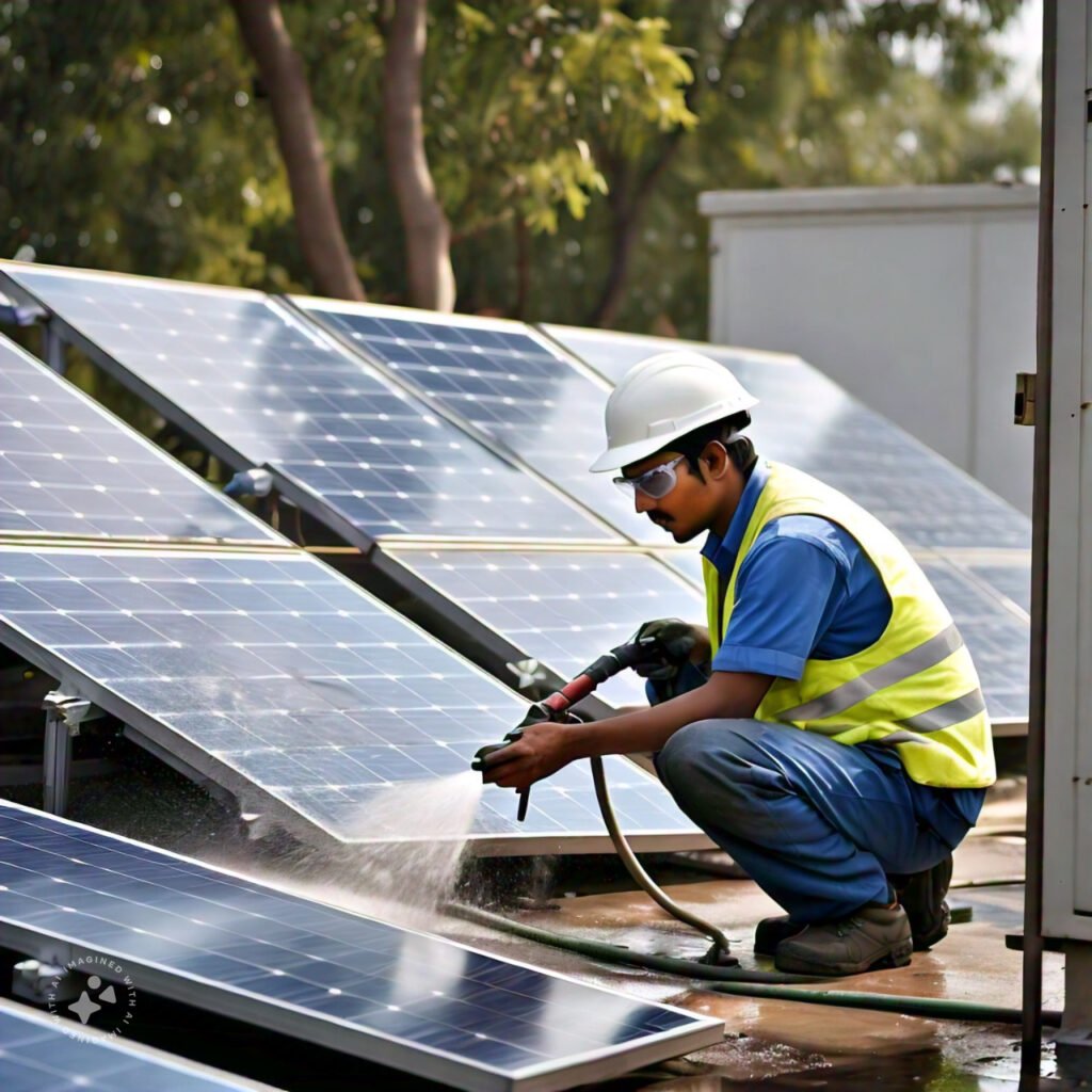 Esquire Energy technicians cleaning solar panels on a rooftop, ensuring top-quality and efficient solar energy solutions.